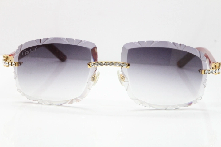 Cartier Rimless 8200762 Big Diamond Marble Red Aztec Arms Sunglasses In Gold Gray Lens