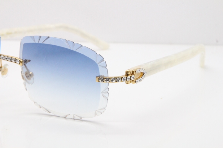 Cartier Rimless 8200762 Big Diamond Marble White Aztec Arms Sunglasses In Gold Blue Lens