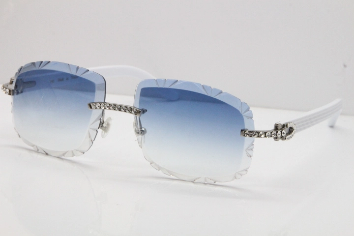 Cartier Rimless 8200762 Big Diamond White Aztec Arms Sunglasses In Gold Blue Lens 