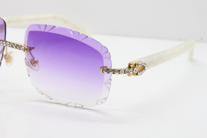 Cartier Rimless 8200762 Big Diamond Marble White Aztec Arms Sunglasses In Gold Purple Lens