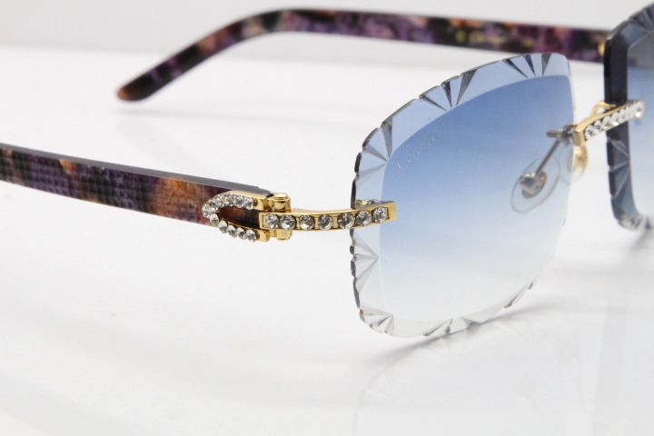 Cartier Rimless 8200762 Big Diamond Marble Purple Aztec Arms Sunglasses In Gold Blue Lens