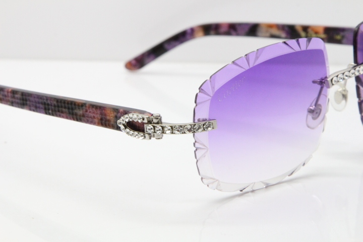 Cartier Rimless 8200762 Big Diamond Marble Purple Aztec Arms Sunglasses In Gold Purple Lens