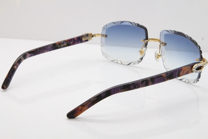 Cartier Rimless 8200762 Big Diamond Marble Purple Aztec Arms Sunglasses In Gold Blue Lens