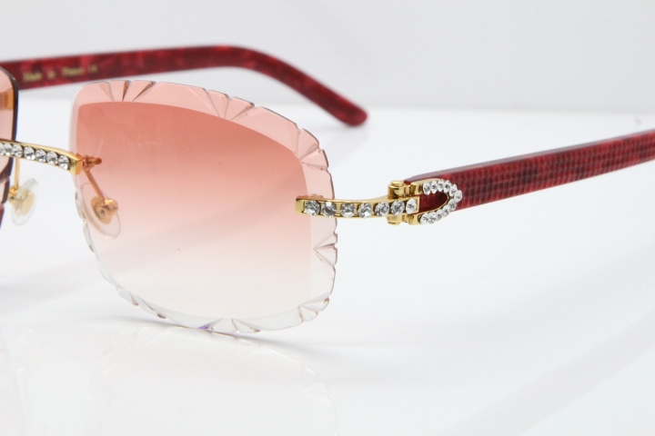 Cartier Rimless 8200762 Big Diamond Marble Red Aztec Arms Sunglasses In Gold Pink Lens