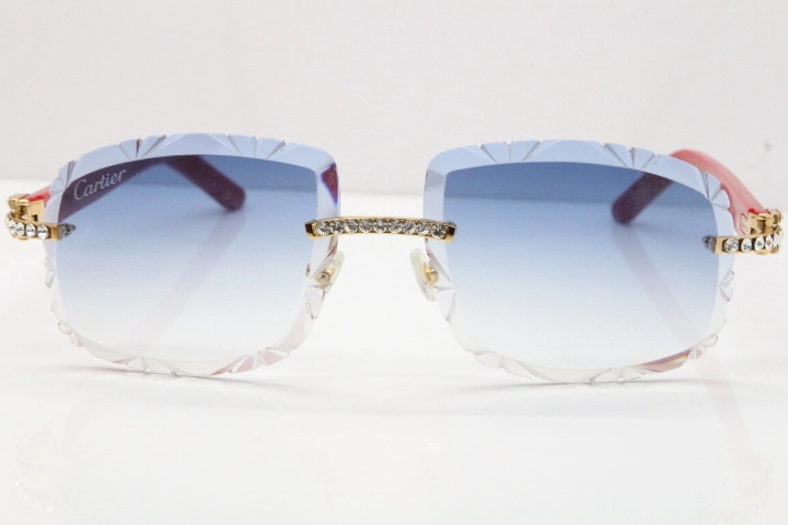 Cartier Rimless 8200762 Big Diamond Red Aztec Arms Sunglasses In Gold Blue Lens