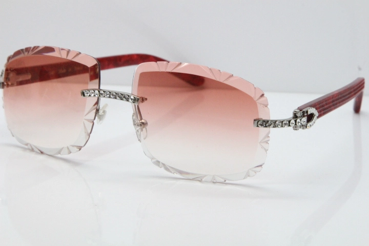 Cartier Rimless 8200762 Big Diamond Marble Red Aztec Arms Sunglasses In Gold Pink Lens