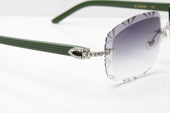 Cartier Rimless 8200762 Big Diamond Green Aztec Arms Sunglasses In Gold Gray Lens 