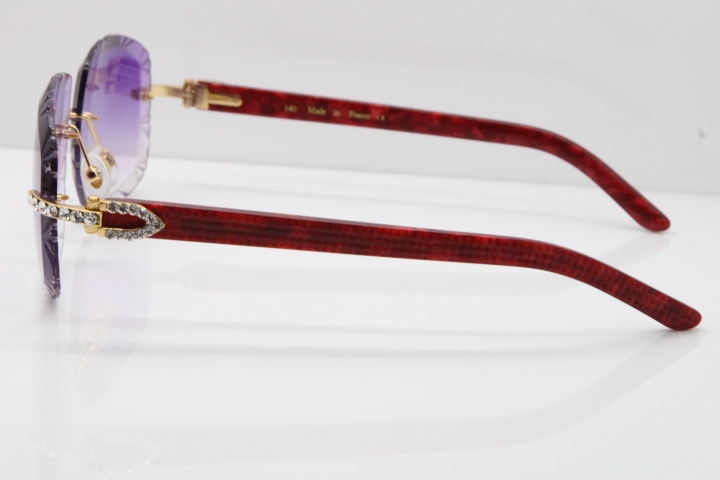 Cartier Rimless 8200762 Big Diamond Marble Red Aztec Arms Sunglasses In Gold Purple Lens