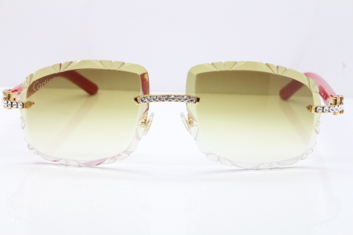 Cartier Rimless 8200762 Big Diamond Red Aztec Arms Sunglasses In Gold Brown Lens