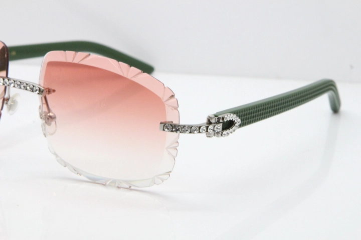 Cartier Rimless 8200762 Big Diamond Green Aztec Arms Sunglasses In Gold Pink Lens