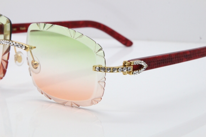 Cartier Rimless 8200762 Big Diamond Marble Red Aztec Arms Sunglasses In Gold Green Brown Lens