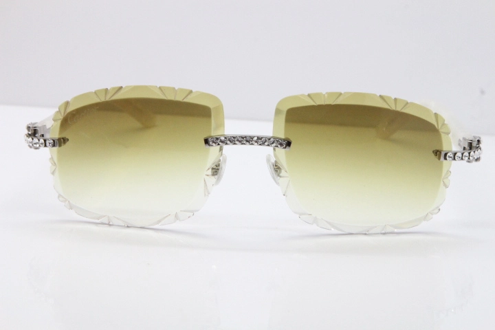 Cartier Rimless 8200762 Big Diamond Marble White Aztec Arms Sunglasses In Gold Brown Lens