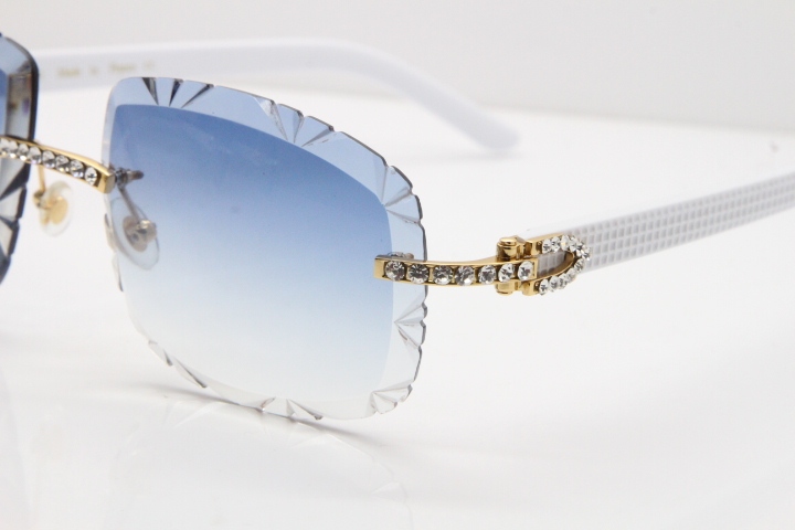 Cartier Rimless 8200762 Big Diamond White Aztec Arms Sunglasses In Gold Blue Lens 