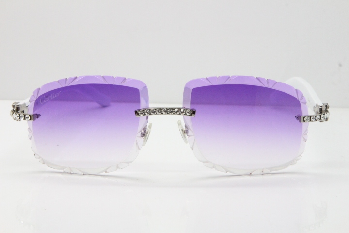 Cartier Rimless 8200762 Big Diamond White Aztec Arms Sunglasses In Gold Purple Lens 