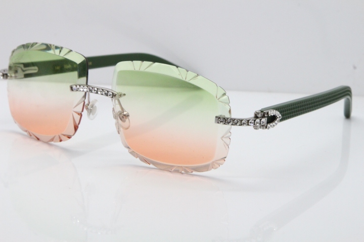 Cartier Rimless 8200762 Big Diamond Green Aztec Arms Sunglasses In Gold Green Brown Lens