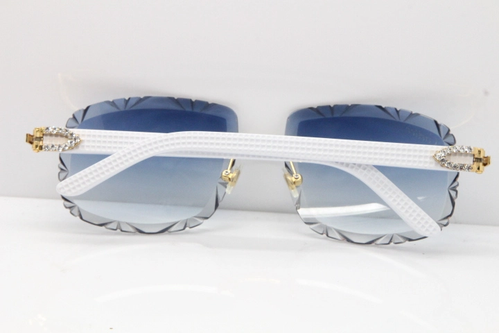 Cartier Rimless 8200762 Big Diamond White Aztec Arms Sunglasses In Gold Blue Lens 