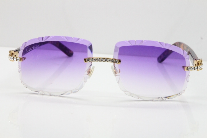 Cartier Rimless 8200762 Big Diamond Marble Purple Aztec Arms Sunglasses In Gold Purple Lens