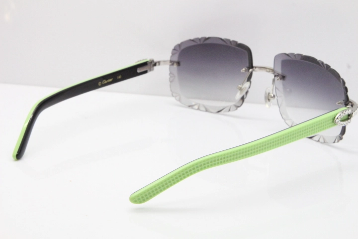 Cartier Rimless 8200762 Big Diamond Black Green Aztec Arms Sunglasses In Gold Gray Lens