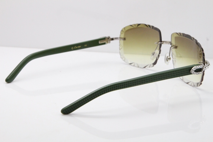 Cartier Rimless 8200762 Big Diamond Green Aztec Arms Sunglasses In Gold Brown Lens 