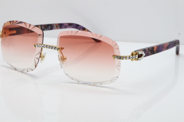 Cartier Rimless 8200762 Big Diamond Marble Purple Aztec Arms Sunglasses In Gold Pink Lens