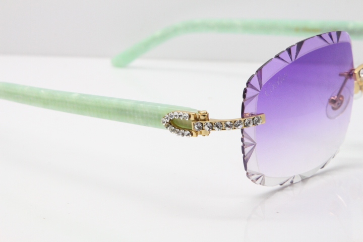 Cartier Rimless 8200762 Big Diamond Marble Green Aztec Arms Sunglasses In Gold Purple Lens 