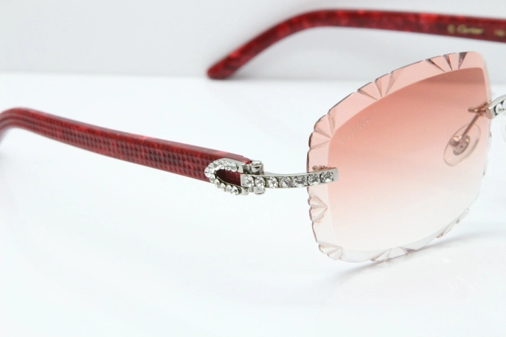 Cartier Rimless 8200762 Big Diamond Marble Red Aztec Arms Sunglasses In Gold Pink Lens