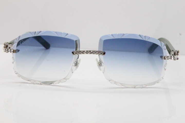 Cartier Rimless 8200762 Big Diamond Green Aztec Arms Sunglasses In Gold Blue Lens 