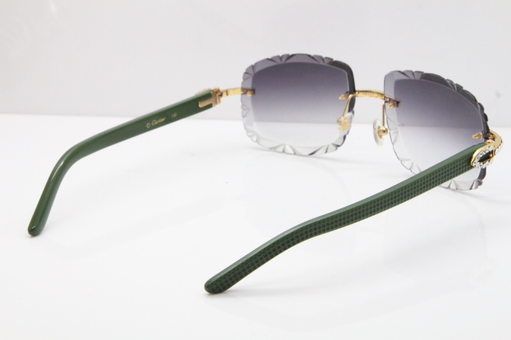 Cartier Rimless 8200762 Big Diamond Green Aztec Arms Sunglasses In Gold Gray Lens 