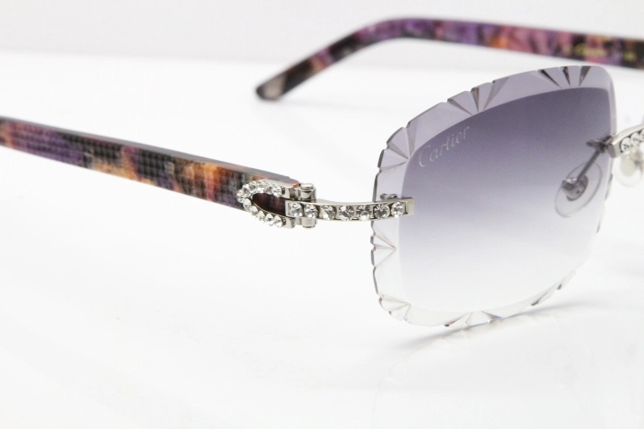 Cartier Rimless 8200762 Big Diamond Marble Purple Aztec Arms Sunglasses In Gold Gray Lens