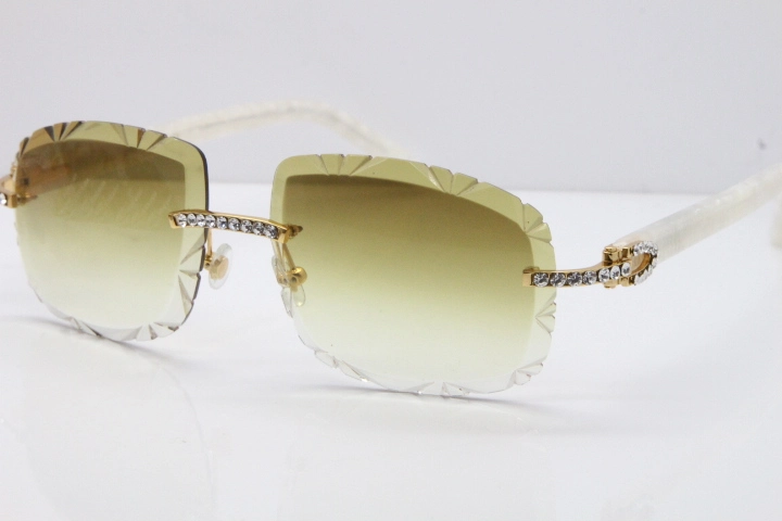 Cartier Rimless 8200762 Big Diamond Marble White Aztec Arms Sunglasses In Gold Brown Lens