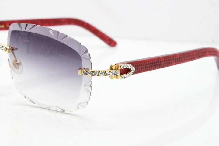 Cartier Rimless 8200762 Big Diamond Marble Red Aztec Arms Sunglasses In Gold Gray Lens
