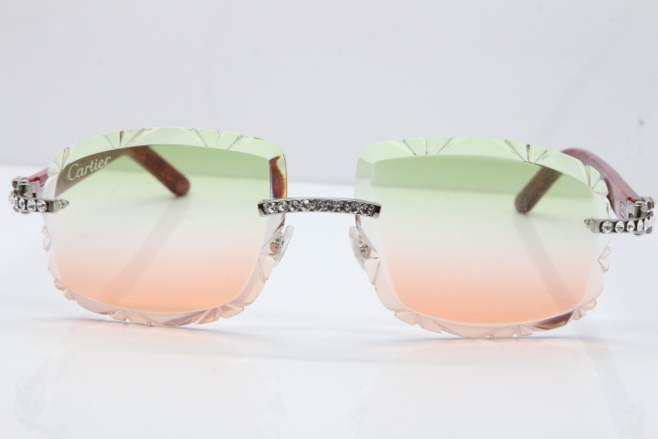 Cartier Rimless 8200762 Big Diamond Marble Red Aztec Arms Sunglasses In Gold Green Brown Lens