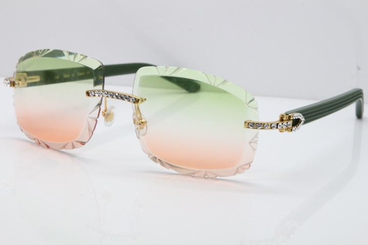 Cartier Rimless 8200762 Big Diamond Green Aztec Arms Sunglasses In Gold Green Brown Lens