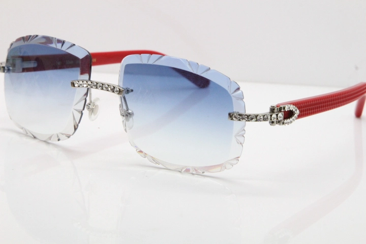 Cartier Rimless 8200762 Big Diamond Red Aztec Arms Sunglasses In Gold Blue Lens