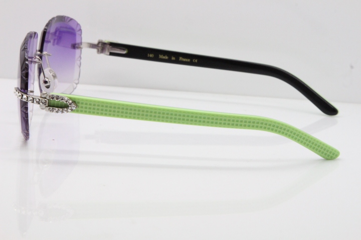 Cartier Rimless 8200762 Big Diamond  Black Green Aztec Arms Sunglasses In Gold Purpel Lens 