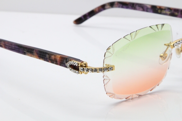 Cartier Rimless 8200762 Big Diamond Marble Purple Aztec Arms Sunglasses In Gold Green Brown Lens 