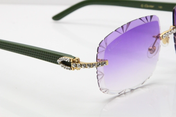 Cartier Rimless 8200762 Big Diamond Green Aztec Arms Sunglasses In Gold Purple Lens