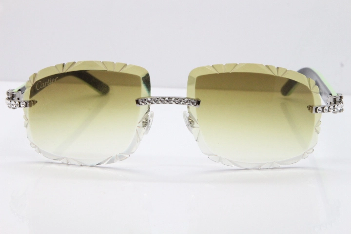 Cartier Rimless 8200762 Big Diamond Black Green Aztec Arms Sunglasses In Gold Brown Lens