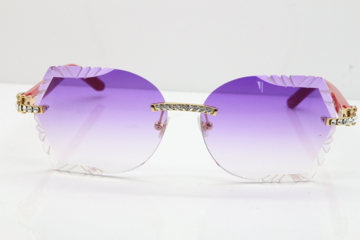 Cartier Rimless T8200762 Big Diamond Red Aztec Arms Sunglasses In Gold Purple Lens