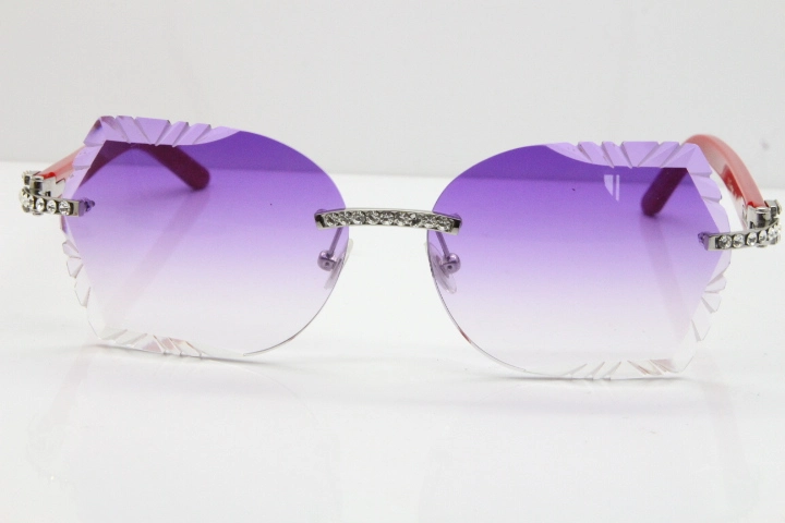 Cartier Rimless T8200762 Big Diamond Red Aztec Arms Sunglasses In Gold Purple Lens