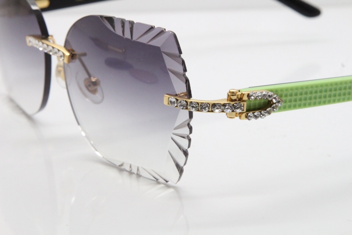 Cartier Rimless T8200762 Big Diamond Black Inside Green Aztec Arms Sunglasses In Gold Gray Lens 