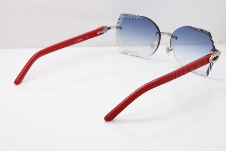 Cartier Rimless T8200762 Big Diamond Red Aztec Arms Sunglasses In Gold Blue Lens