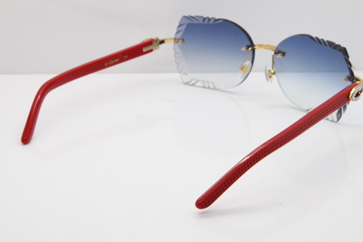 Cartier Rimless T8200762 Big Diamond Red Aztec Arms Sunglasses In Gold Blue Lens