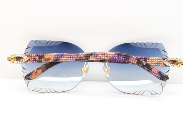 Cartier Rimless T8200762 Big Diamond Purple Aztec Arms Sunglasses In Gold Blue Lens