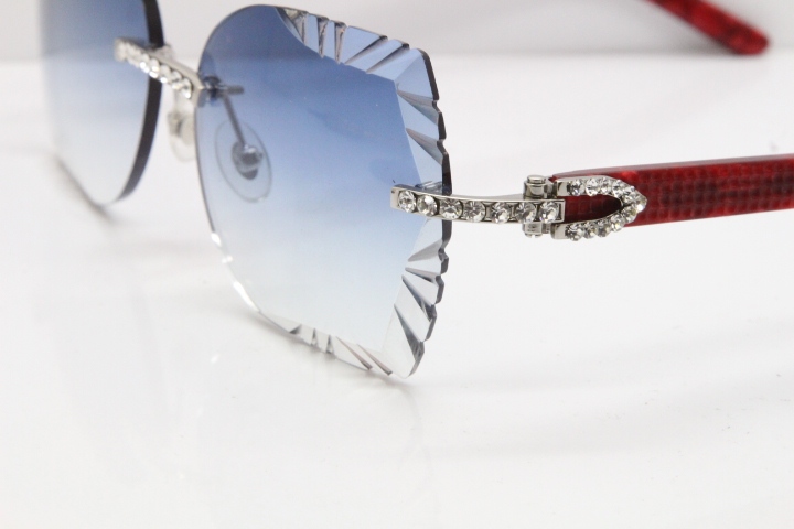 Cartier Rimless T8200762 Big Diamond Marble Red Aztec Arms Sunglasses In Gold Blue Lens