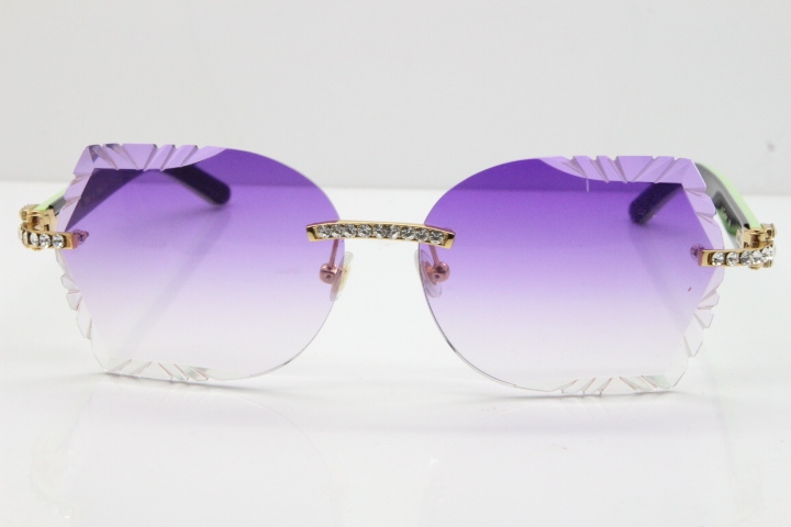 Cartier Rimless T8200762 Big Diamond Black Inside Green Aztec Arms Sunglasses In Gold Purple Lens 