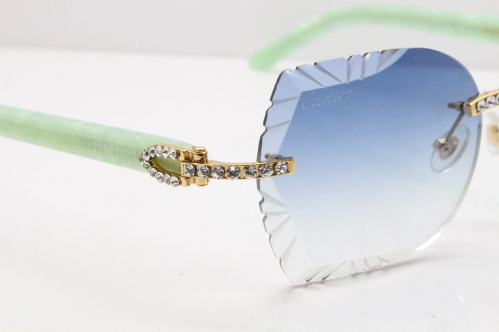 Cartier Rimless T8200762 Big Diamond Marble Green Aztec Arms Sunglasses In Gold Blue Lens