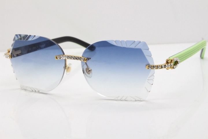 Cartier Rimless T8200762 Big Diamond Black Inside Green Aztec Arms Sunglasses In Gold Blue Lens 