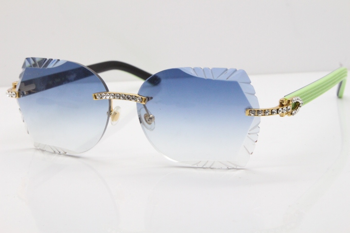 Cartier Rimless T8200762 Big Diamond Black Inside Green Aztec Arms Sunglasses In Gold Blue Lens 