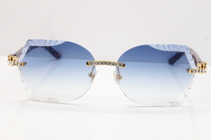 Cartier Rimless T8200762 Big Diamond Purple Aztec Arms Sunglasses In Gold Blue Lens